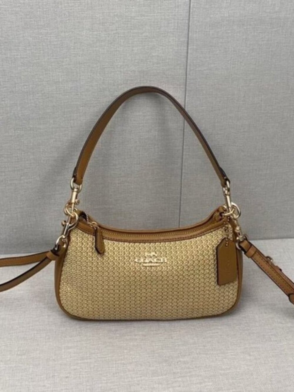 COACH CR350 Teri 2way Shoulder Bag Crossbody Straw Leather Latte
